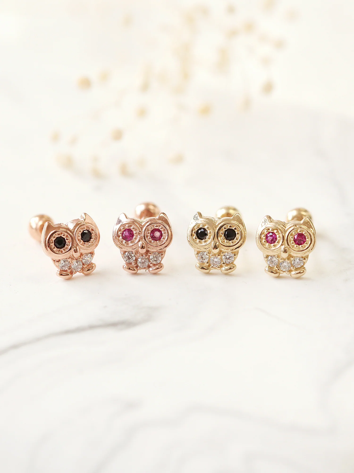 14K Gold Cubic Owl Cartilage Earring 20G - Image 3