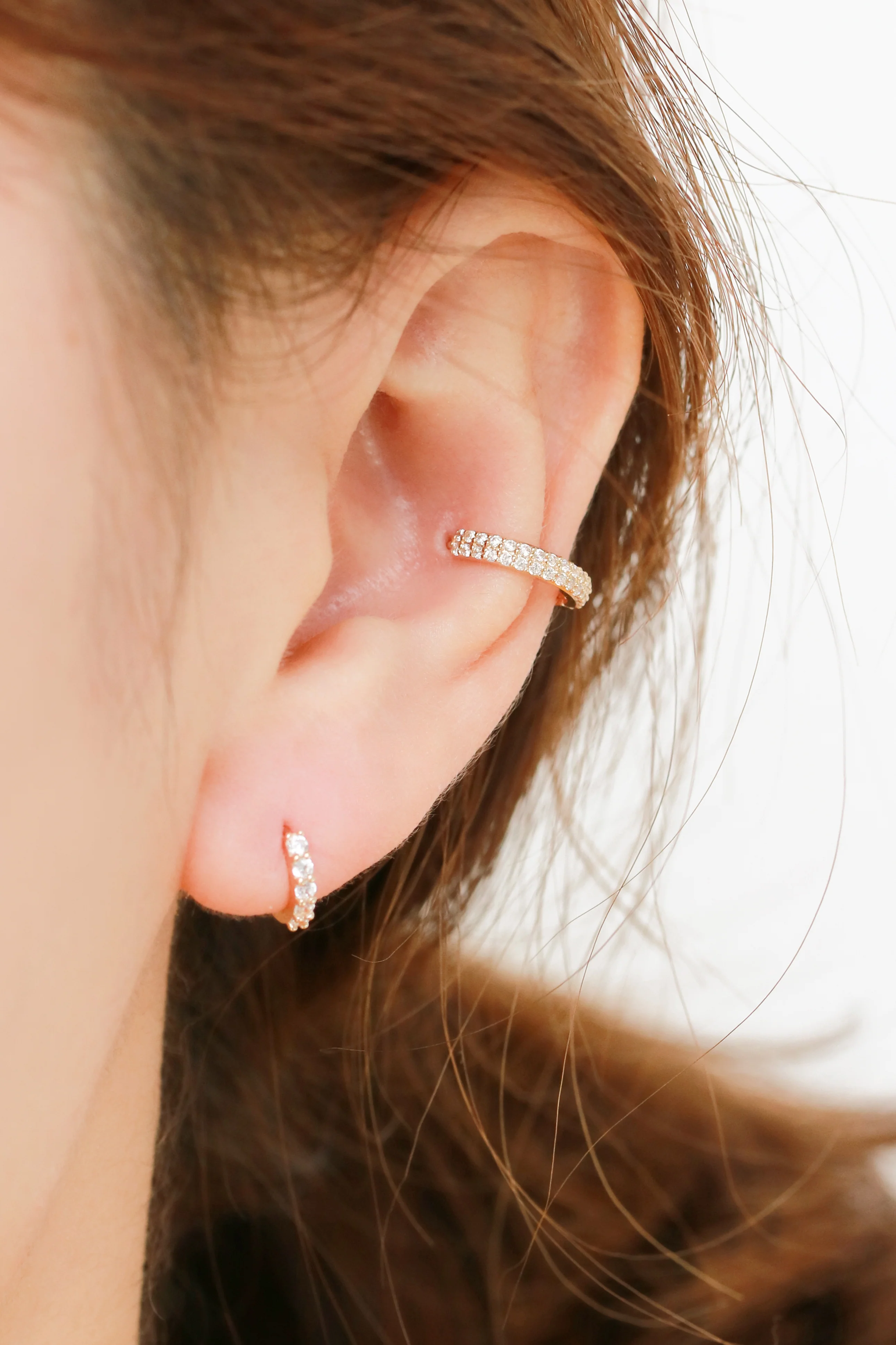 14K Gold 2 Line CZ Hoop Earring - Image 14
