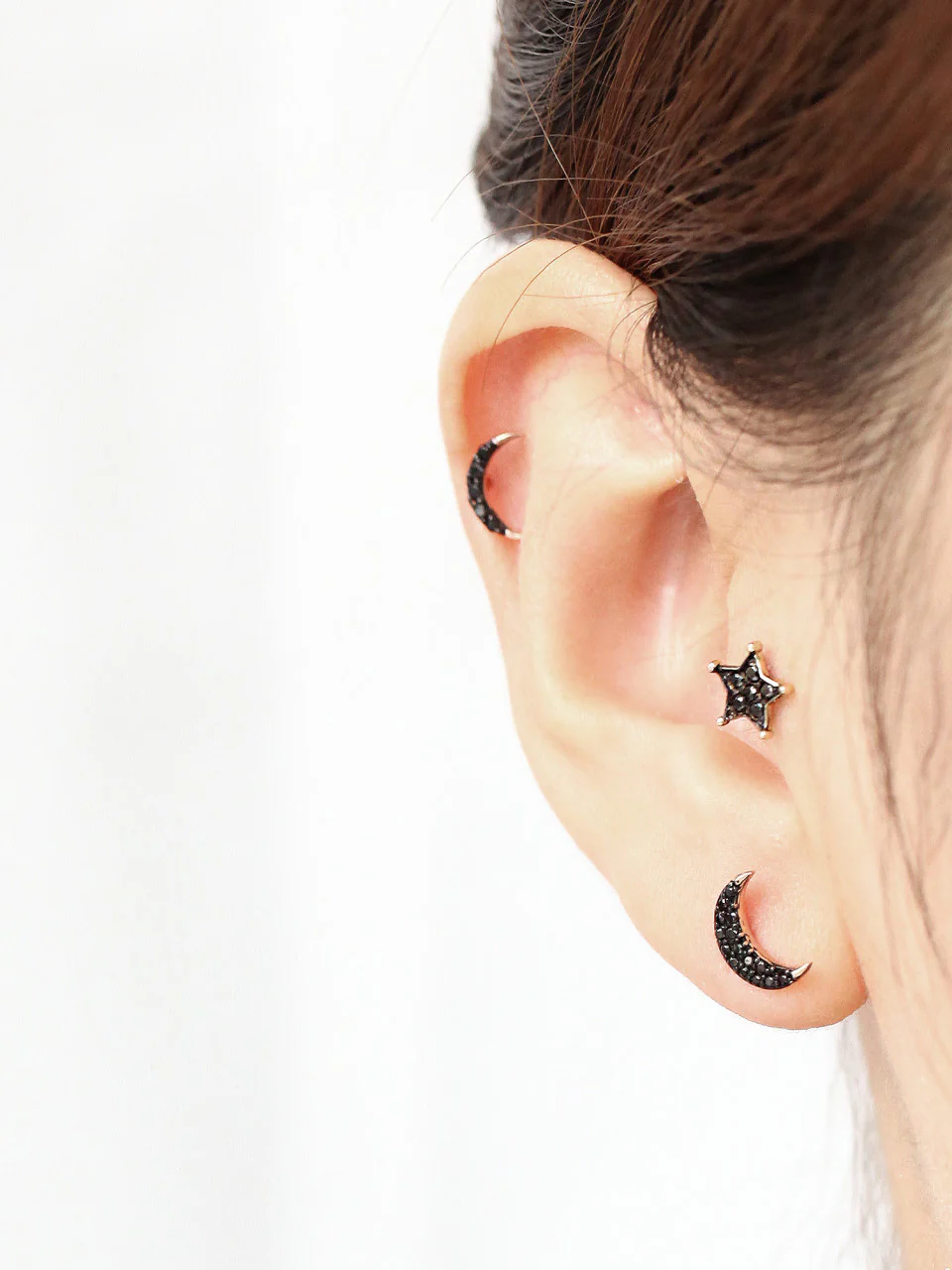 14K Gold Black Star Crescent Cartilage Earring 18G16G - Image 4