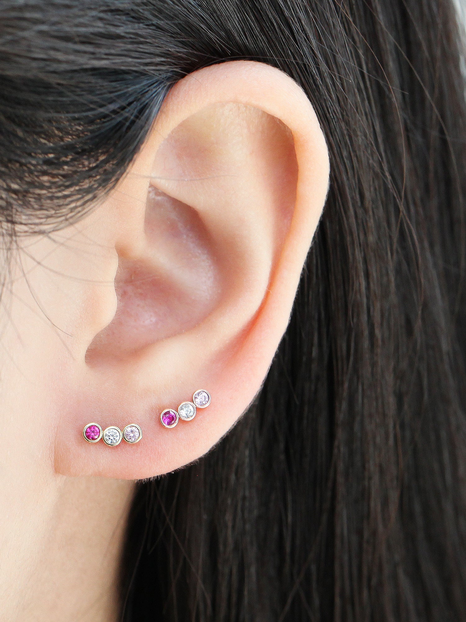 14K Gold Triple CZ Bar Cartilage Earring 20G - Image 5