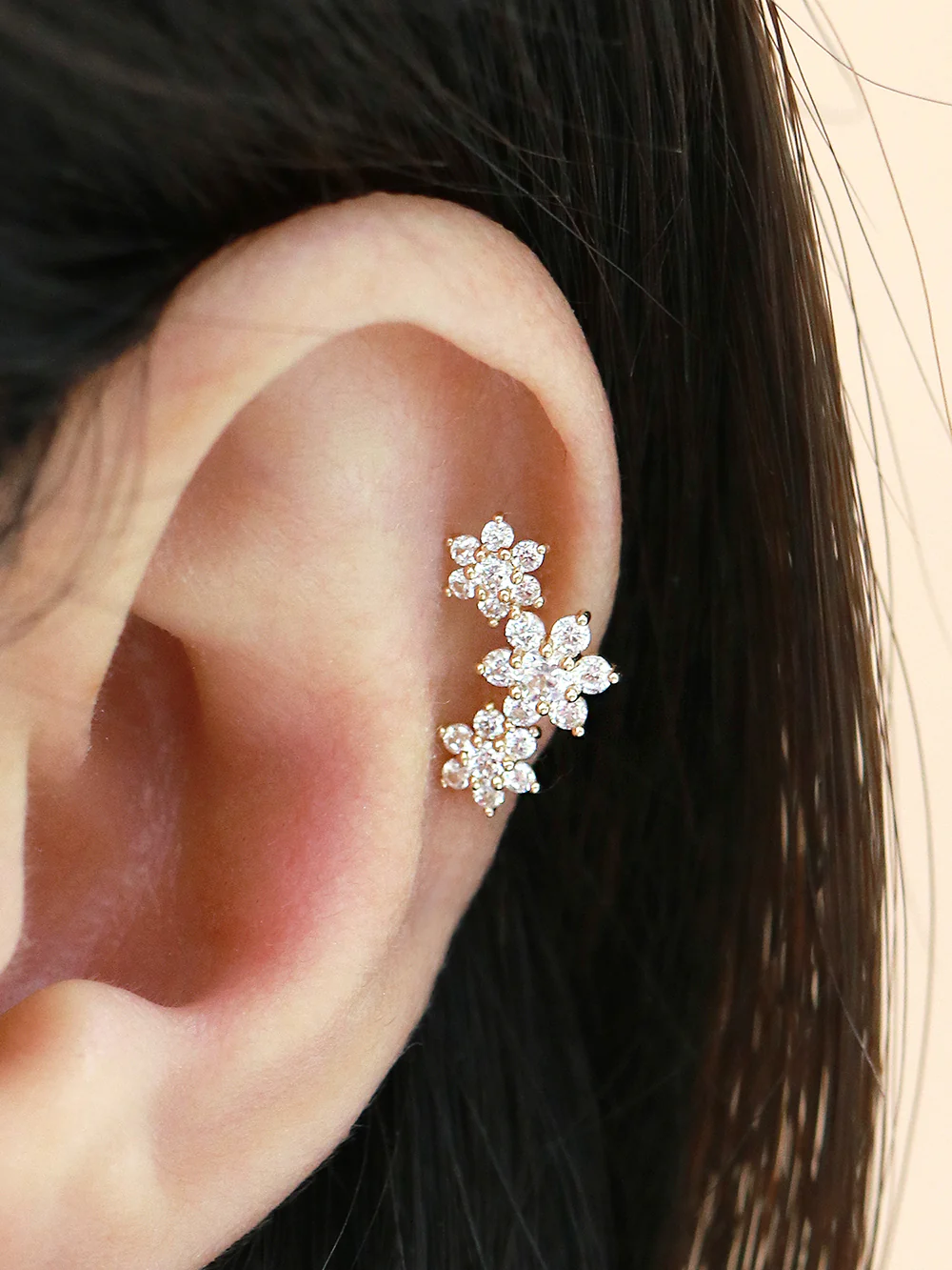14K Gold Internally Threaded Triple Flower Labret Piercing 18G16G - Image 3