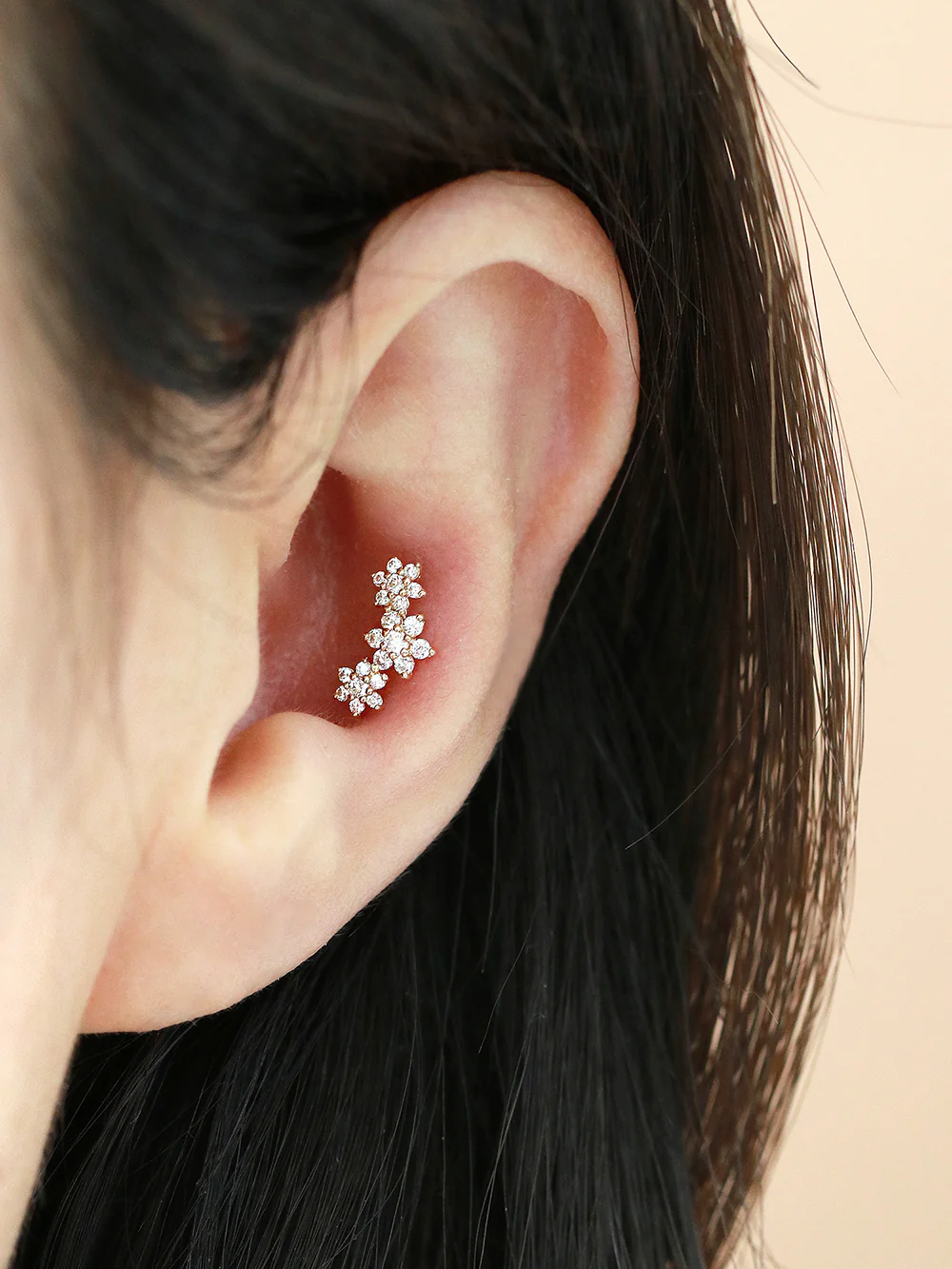14K Gold Internally Threaded Triple Flower Labret Piercing 18G16G - Image 4