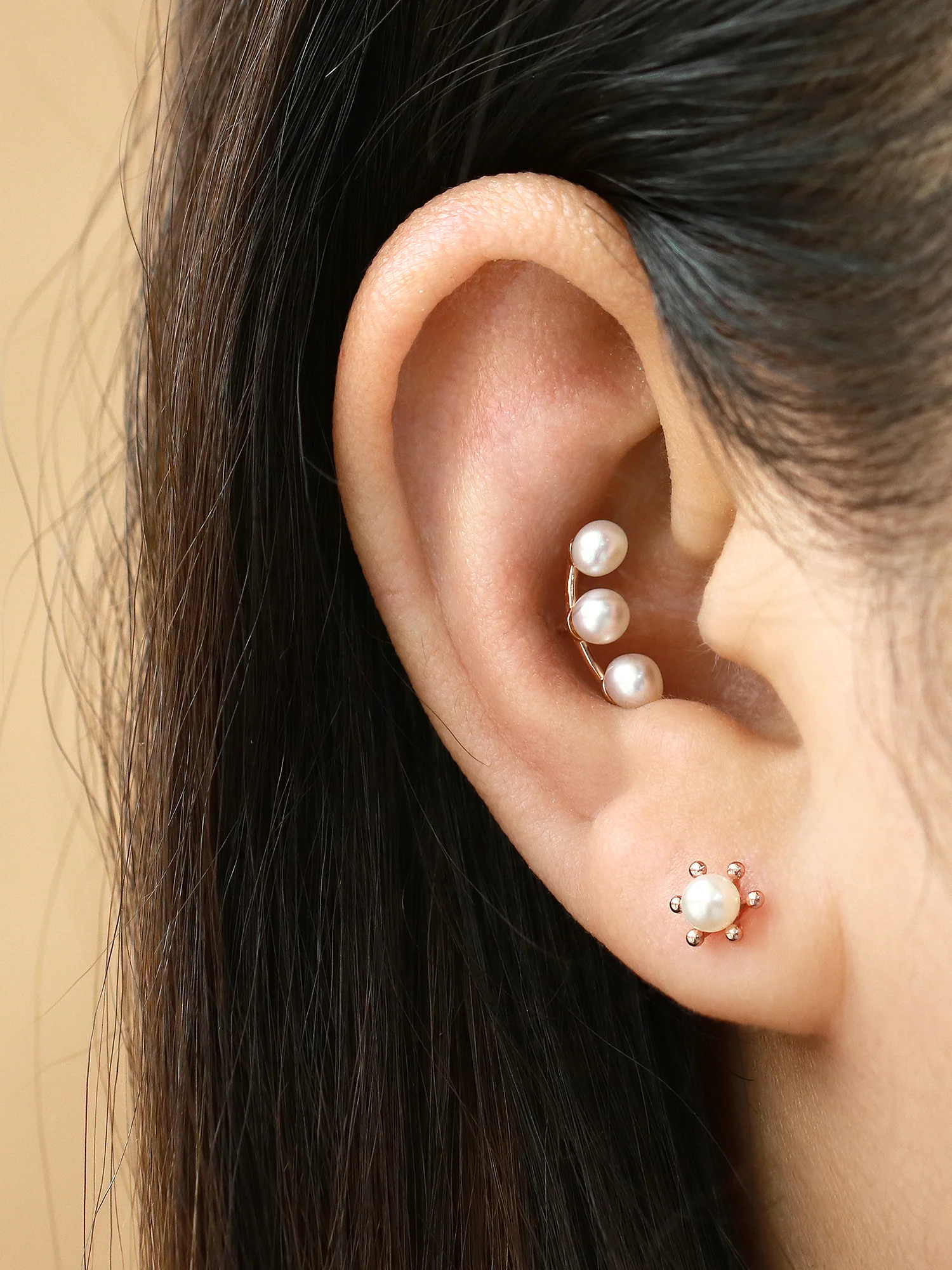 14K Gold Triple Flower Pearl Cartilage Earring 18G16G - Image 17