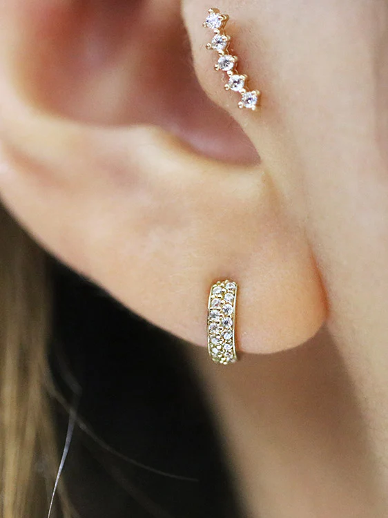 14K Gold Two line mini CZ hoop cartilage earring - Image 4