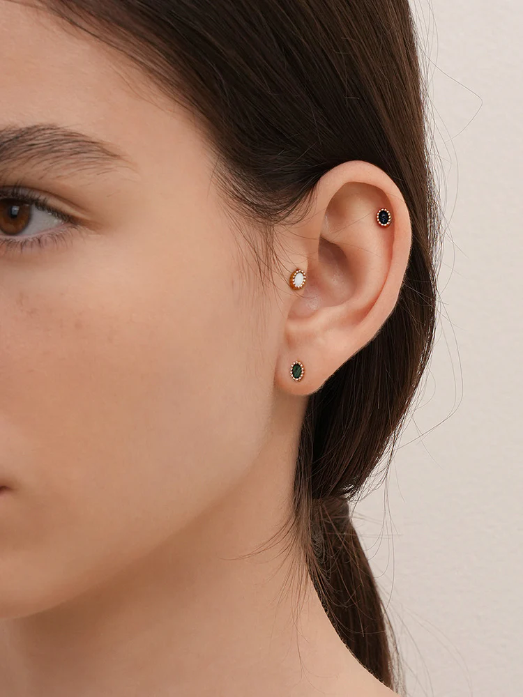 14K Solid Gold Classic Oval Stone Cartilage Earring 20G - Image 6